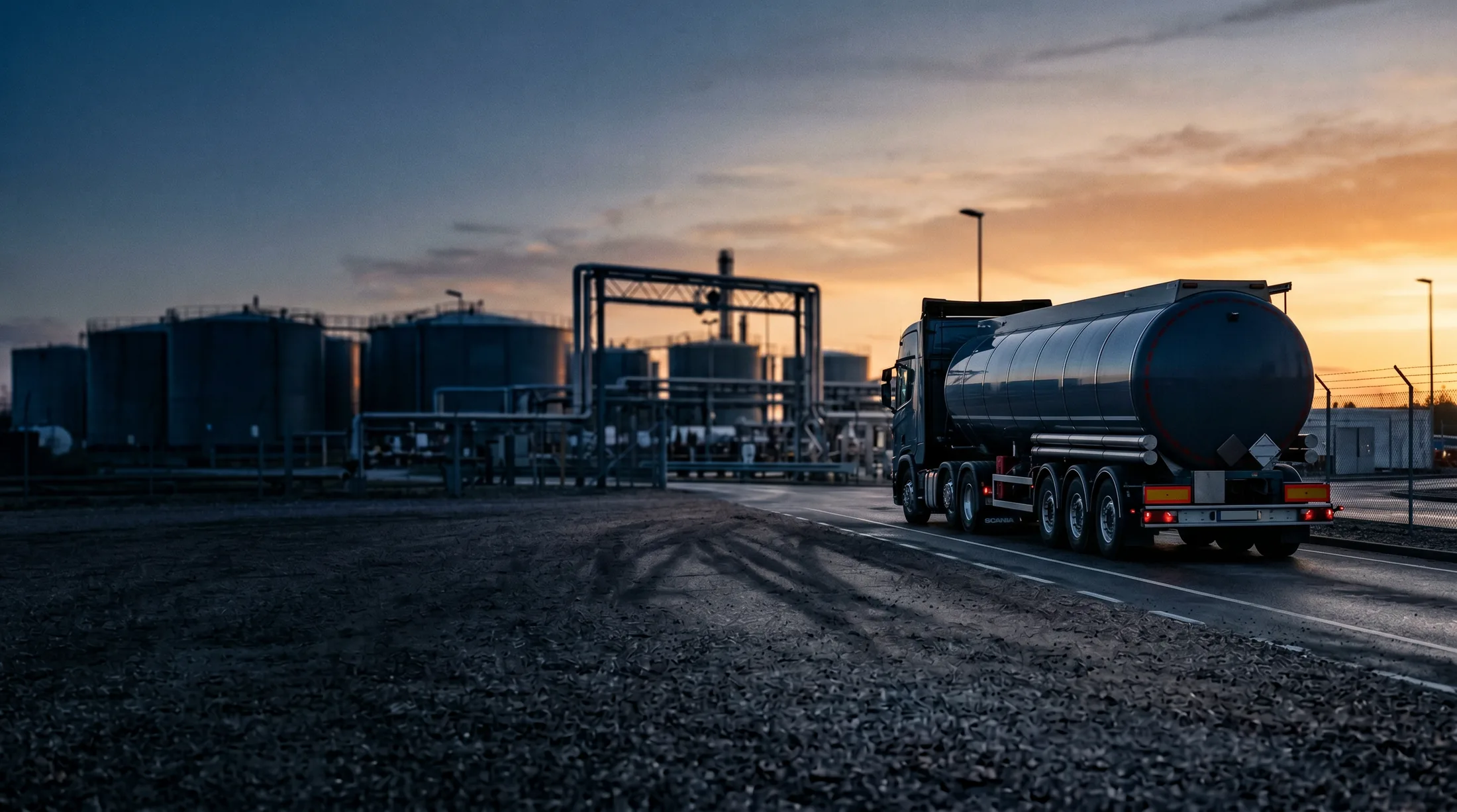 Fuel tanker arriving at a depot at dawn