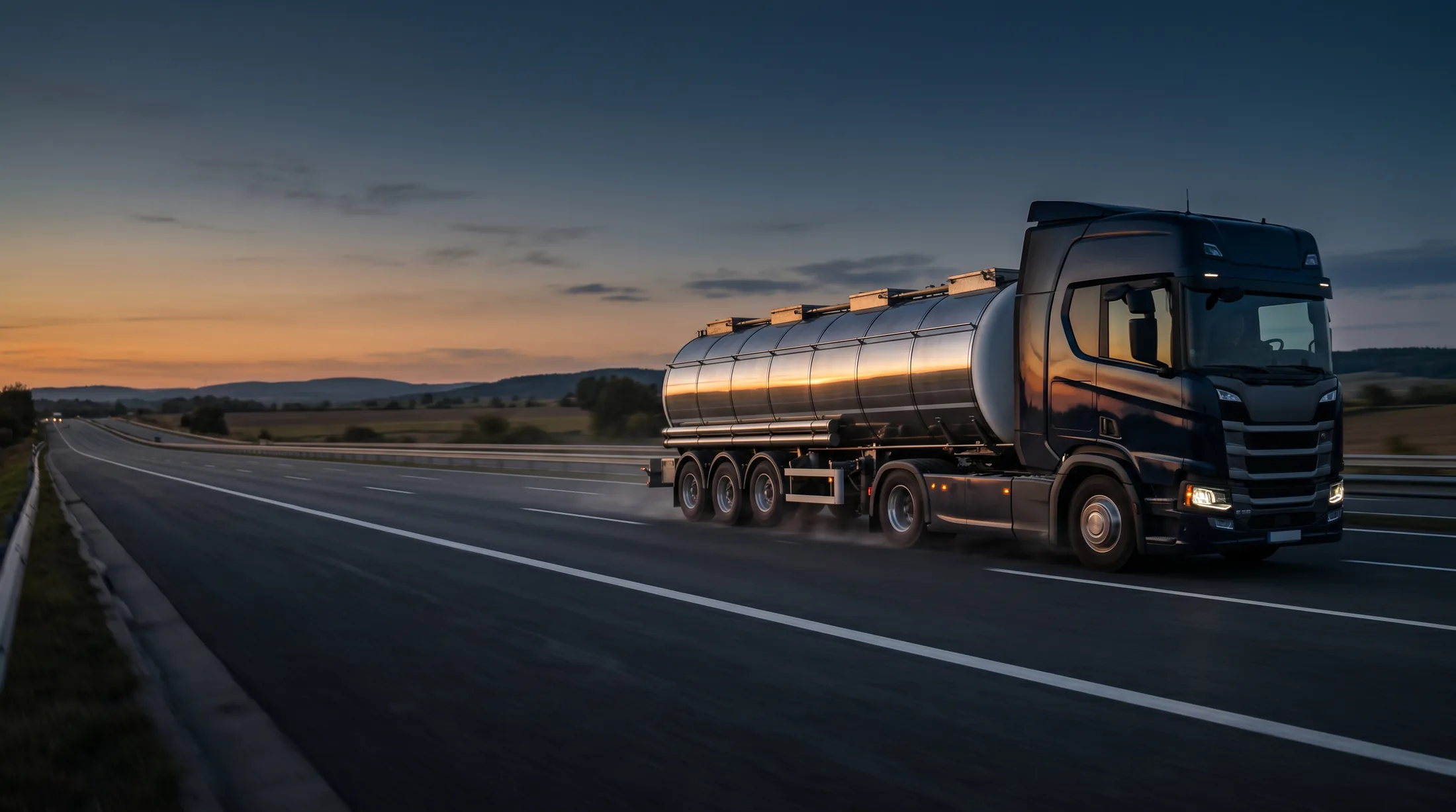 Fuel tanker on the highway at dusk