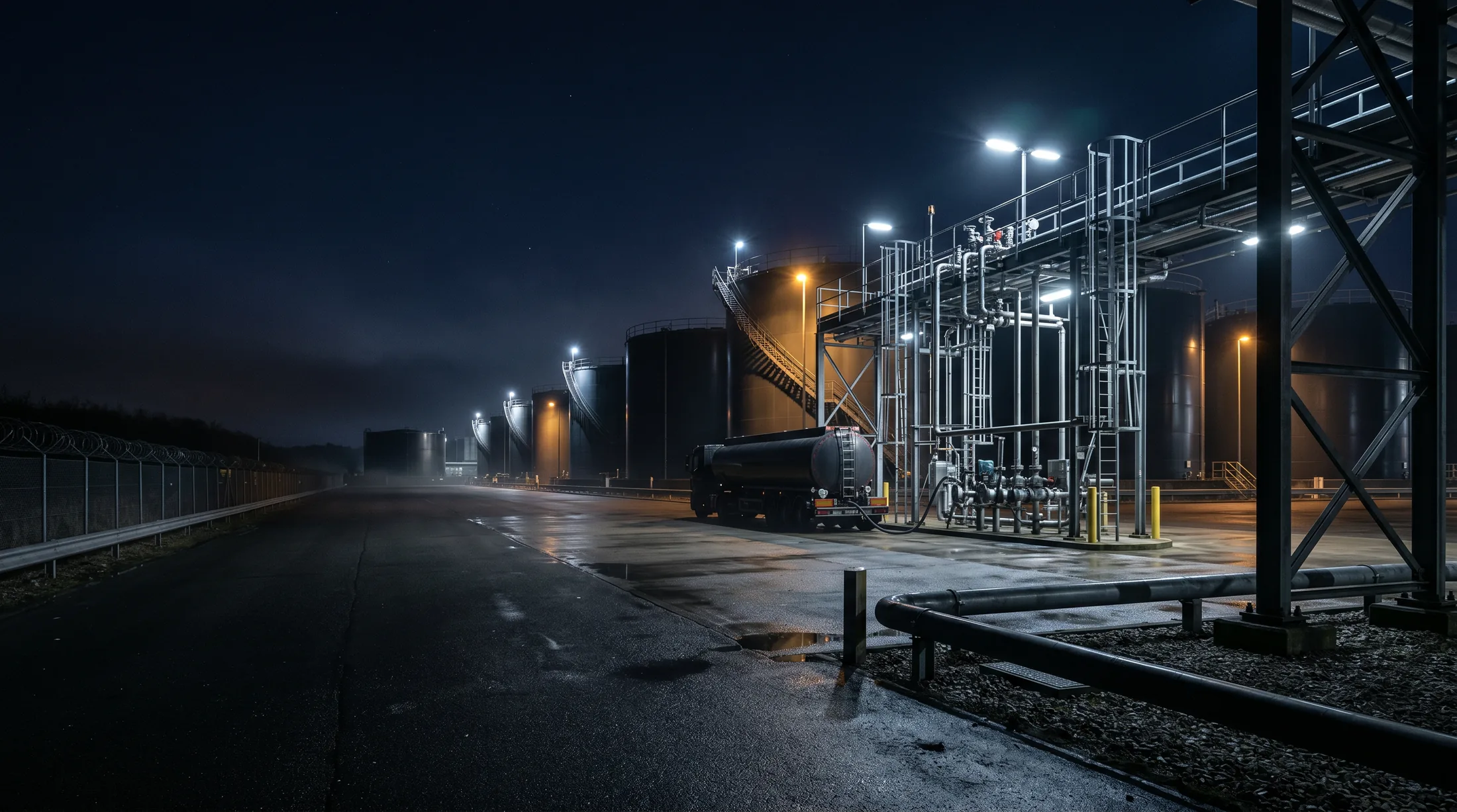 Fuel storage depot at night